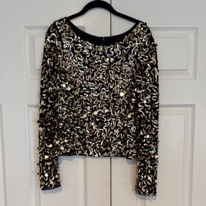 Alice + Olivia Silk Black Sequin Long Sleeve Top